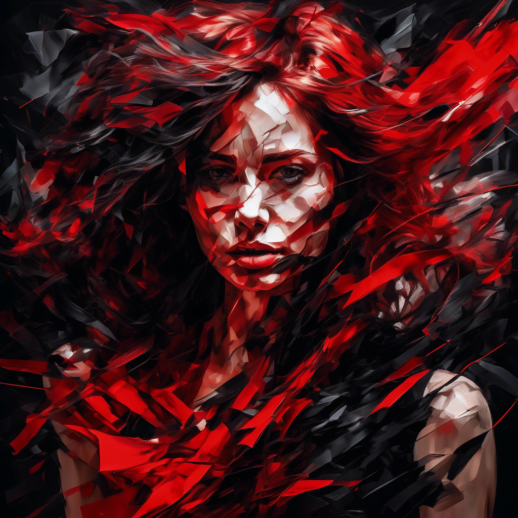 abstract female portrait,undefined hair,red and black color palette,blurred boundaries,upper body,fragmented visual style,evokes feelings of rebellion and passion