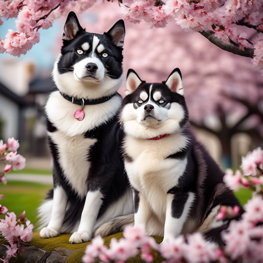A black and white tuxedo cat and a Siberian husky sitting peacefully under a blooming cherry blossom tree, captured in 8K with vibrant colors and a shallow depth of field.