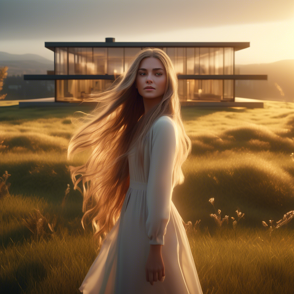 A beautiful girl with long flowing hair, standing in a meadow during golden hour, the sunlight softly illuminating her face, captured with a 4K ultra-wide lens, shallow depth of field, and cinematic color grading. A modern glass house with sleek architecture, sitting atop a misty hill during early morning, captured in 4K with dramatic lighting and a wide-angle lens. A cat and dog lying side by side on a green lawn, with colorful flowers in the background, captured in 8K using a macro lens for detailed fur textures. A roaring lion with an abstract watercolor effect, blending vivid red, orange, and blue hues, captured in 4K with sharp details and a surreal art style.