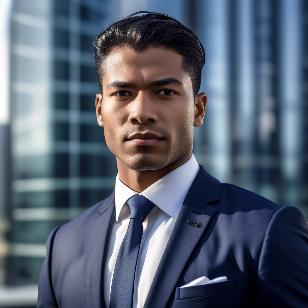 A professional portrait of a confident ethnic man in a tailored navy suit with a crisp white shirt and subtle tie, standing in front of a glass skyscraper. The background is blurred, and the lighting is soft and natural. Captured in 8K with a 50mm lens, shallow depth of field, and HDR detail.