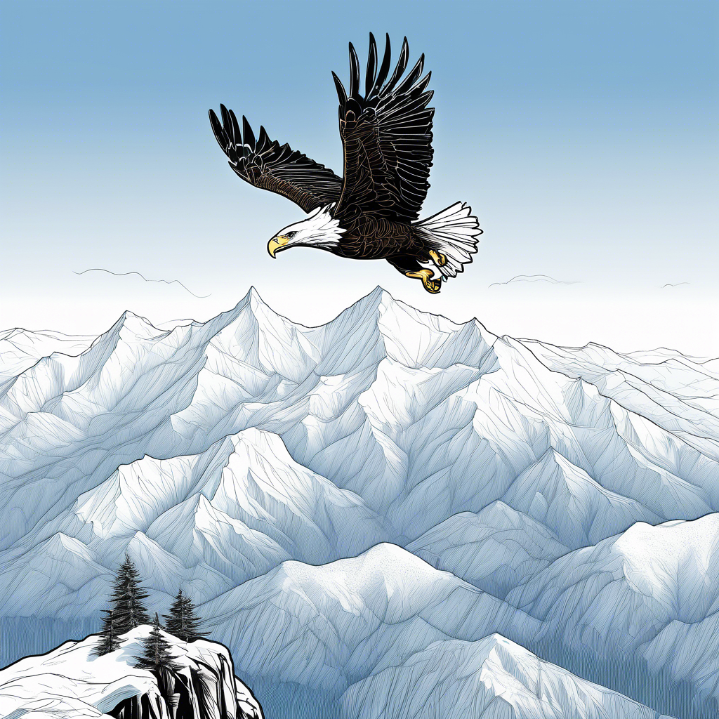 "Majestic Bald Eagle in Flight" A close-up of a bald eagle soaring over a mountain range, with its wings fully extended and feathers sharply detailed. The background features a clear blue sky and snowy peaks. Rendered in 8K with high contrast and dramatic lighting.