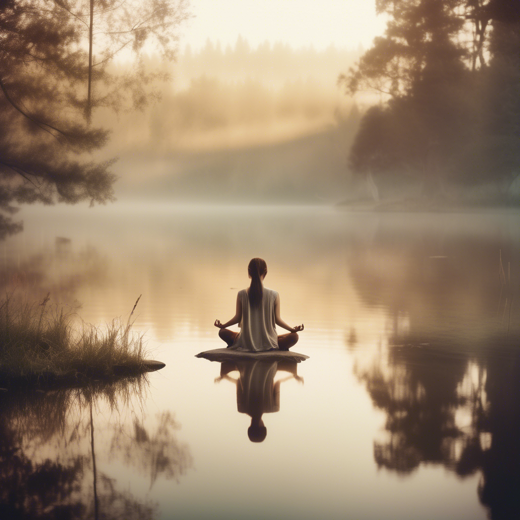 A serene girl meditating by a tranquil lake at sunrise, the mist hovering above the water, captured in 4K with an ultra-wide lens and warm, natural tones.