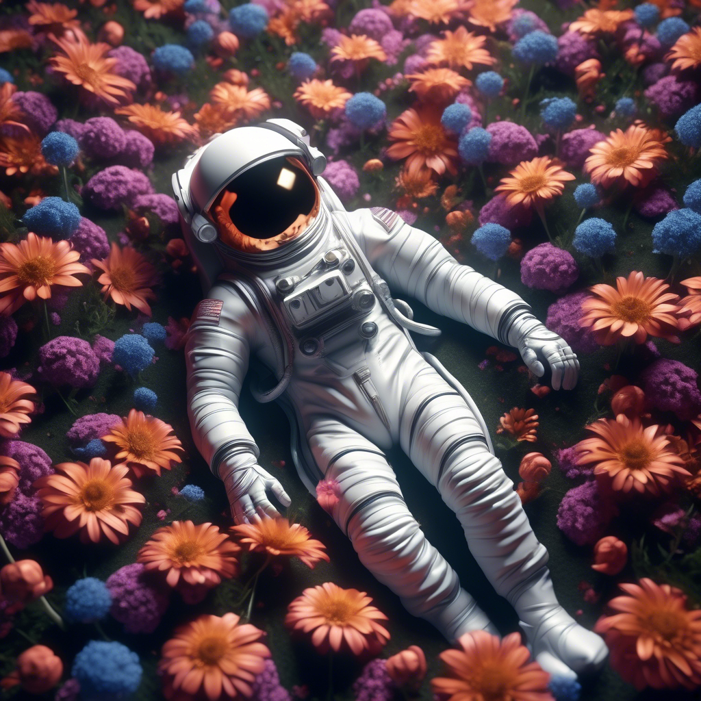 astronaut laying in flowers, top view, cinematic, dark light, beautiful colors, detailled, 4k