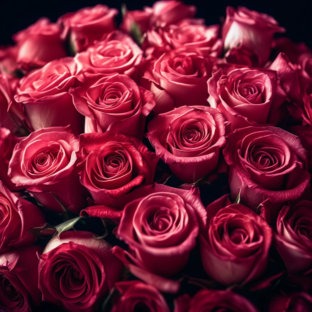 A bouquet of roses with petals arranged perfectly in Fibonacci spirals, radiating vibrant red and pink tones.