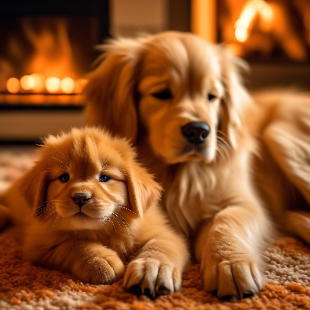 A fluffy orange cat and a golden retriever puppy cuddling together on a soft rug in front of a fireplace, captured in 4K with a 50mm lens and cozy, warm lighting.