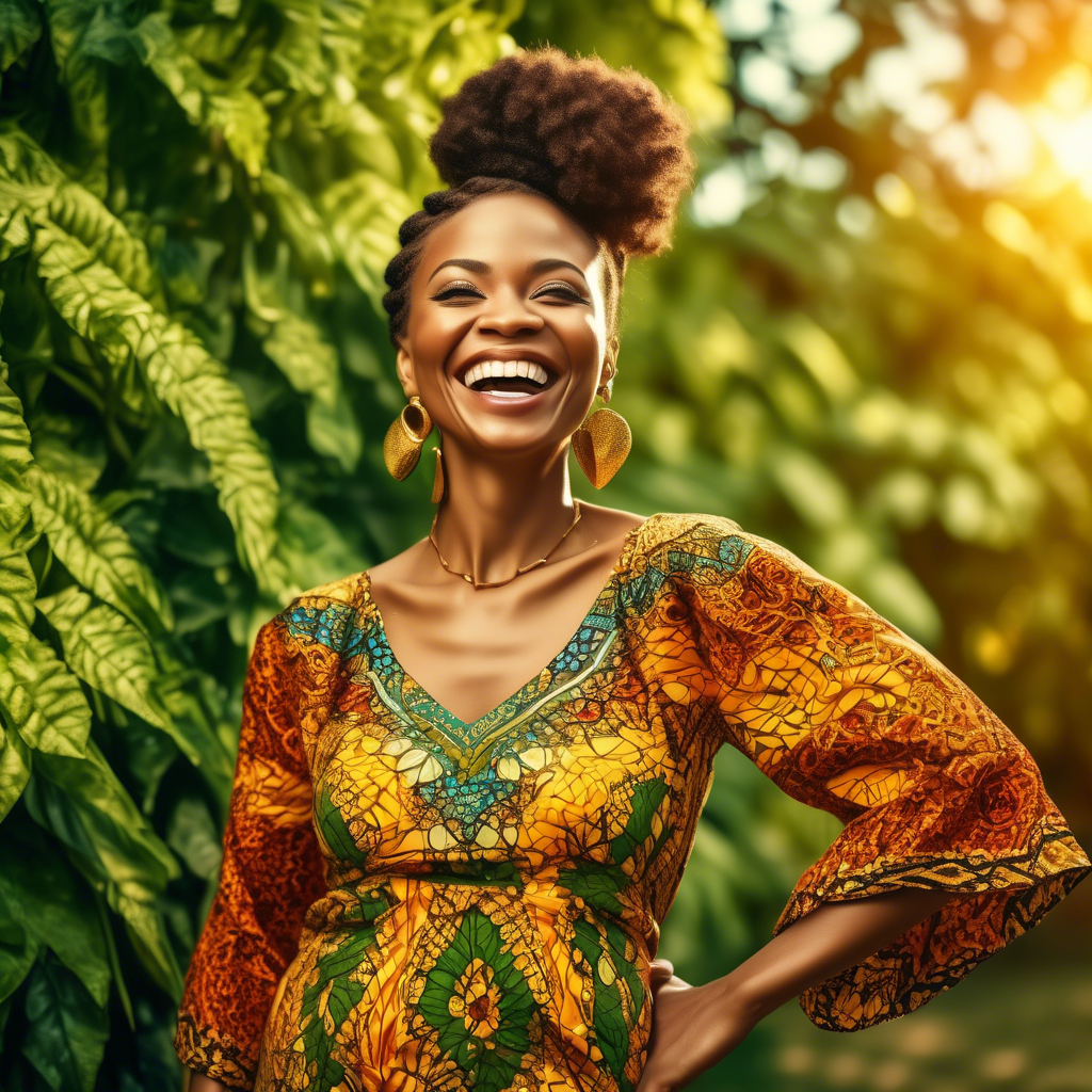 A joyful woman wearing a vibrant Ankara fabric dress with intricate patterns, adorned with golden jewelry. She stands outdoors with a sunny background of lush green foliage. 8K resolution with warm, natural lighting.