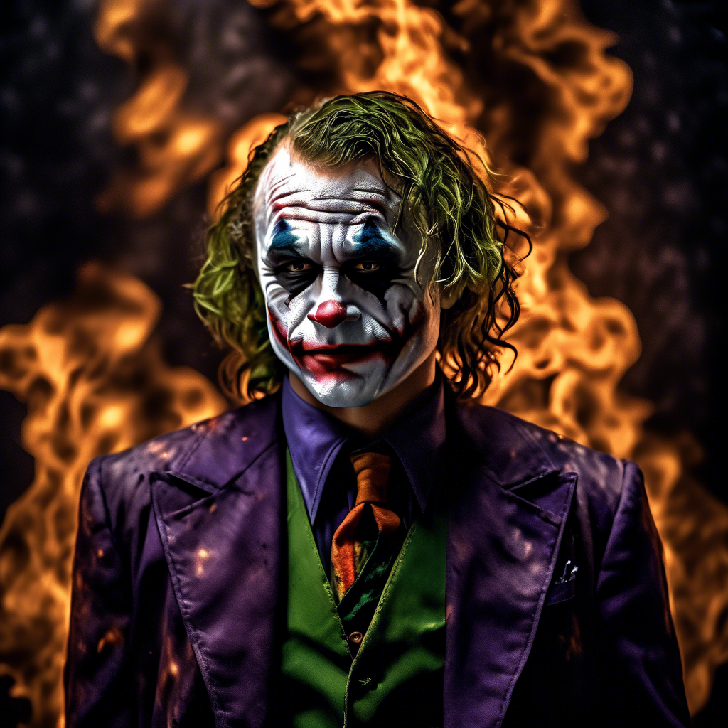 dark and gloomy, a full body photo of Heath Ledger as the joker, the flames behind him , lifelike texture, dynamic composition, Fujifilm XT2, 85mm F1.2, 1/80 shutter speed, (bokeh), high contrast, cinematic, movie still, 8K