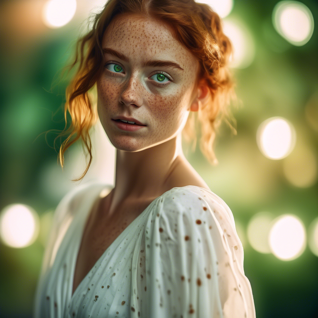 A young woman with freckles and vibrant green eyes, wearing a flowing white dress, captured in a close-up portrait shot, with 8K resolution, soft lighting, and a bokeh background.