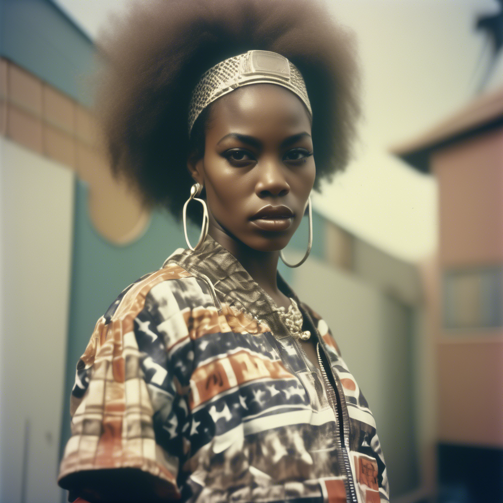 Fashion photography of an African beauty queen dressed in large hiphop clothes from 1980s , wearing sneakers , Sony Alpha α7, ISO1900, volumetric lighting,