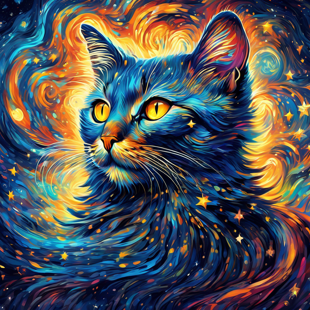 Generate an awe-inspiring and surreal digital painting of a mystical cat adorned with intricate patterns, floating amidst a swirling vortex of vibrant colors and shimmering stars. Capture the essence of Van Gogh's "Starry Night," with bold brushstrokes and a dreamy, otherworldly atmosphere.