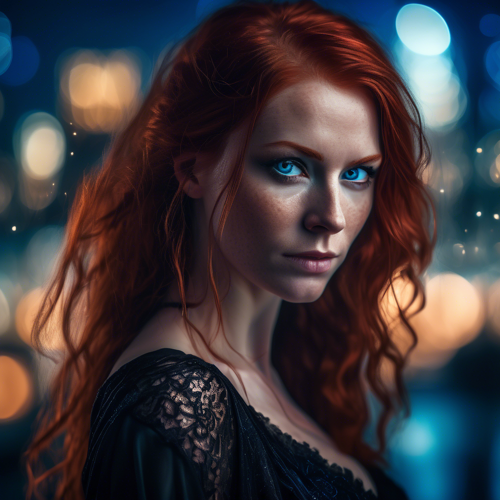 A striking portrait of a woman with long, flowing red hair and piercing blue eyes, wearing a sleek black gown with intricate lace details. She stands against a blurred background of sparkling city lights at dusk. Captured in 8K resolution with a 50mm lens, soft bokeh, and warm, soft lighting highlighting her face and hair. The mood is sophisticated and intimate.