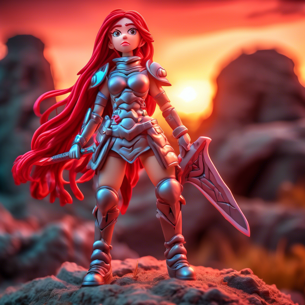 "Warrior Anime Girl in Battle Armor" A strong anime girl with flowing red hair, wielding a massive sword. She wears futuristic battle armor, standing atop a cliff overlooking a battlefield at sunset. Captured in 8K with dramatic lighting and vivid detail.