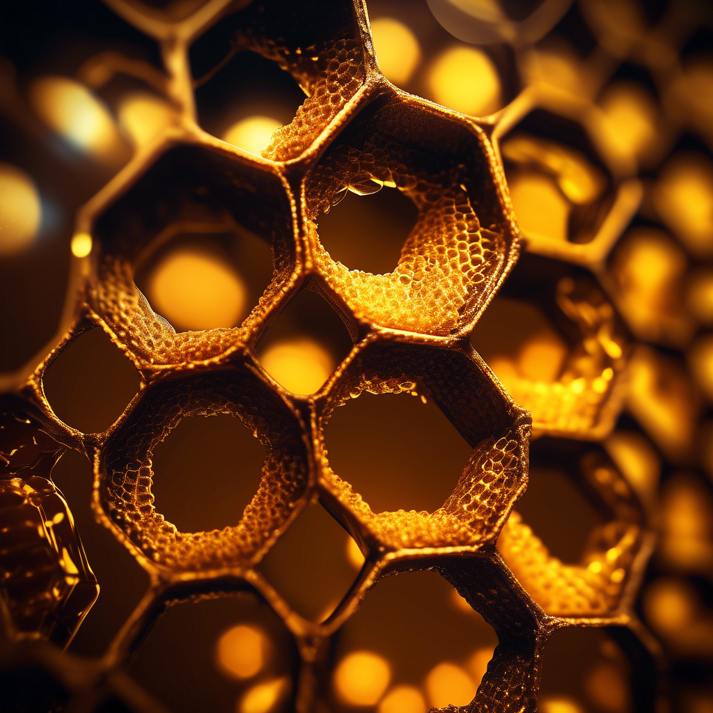 A high-detail honeycomb structure with golden ratio hexagons, dripping with glowing golden honey.