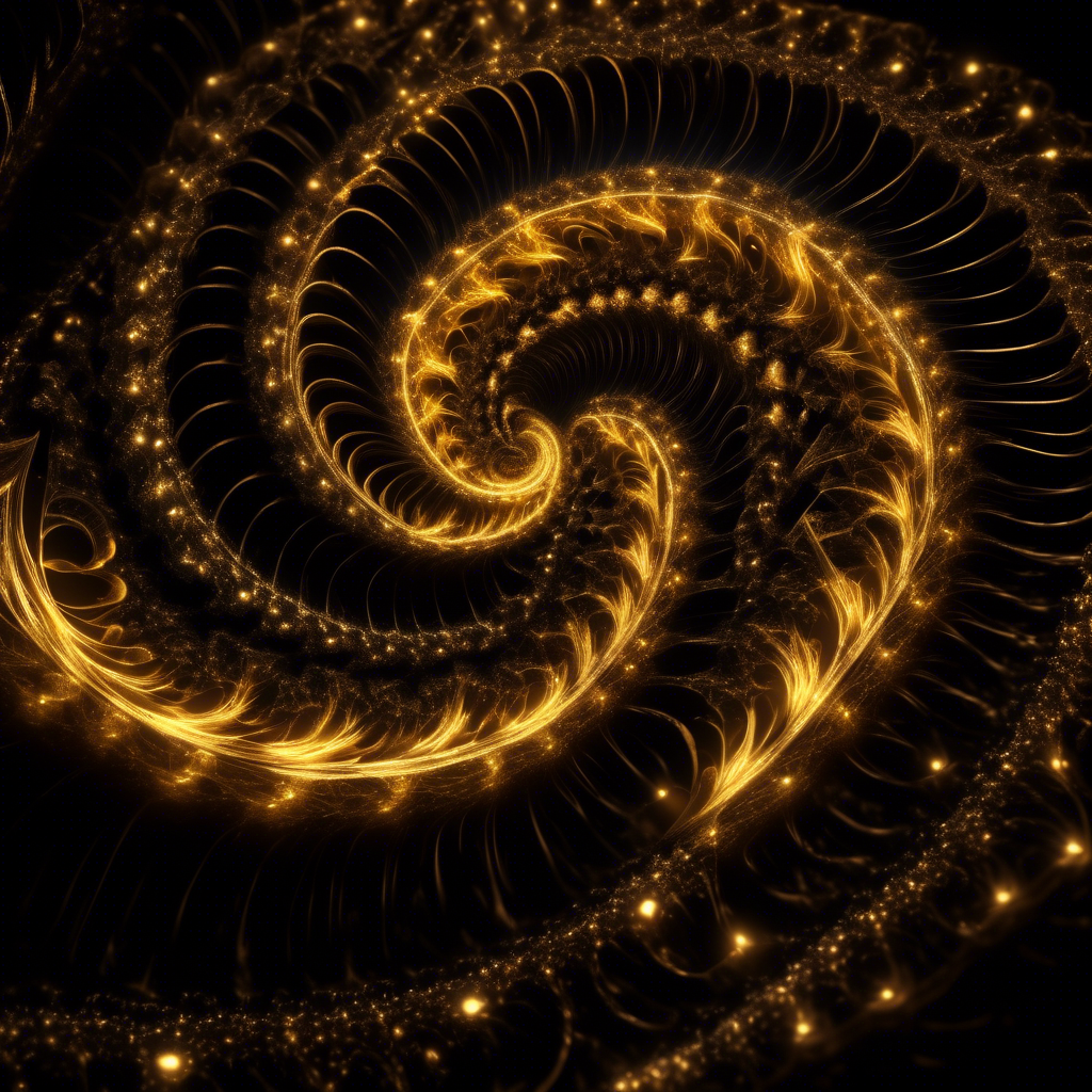 A glowing Fibonacci fractal pattern made of soft golden light, set against a deep black background for pure contrast.