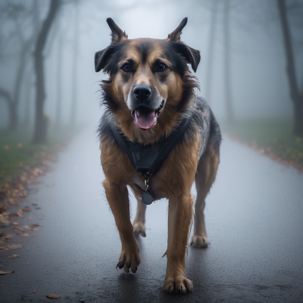 a dog in a fog, Sony Alpha α7, ISO1900, volumetric lighting,