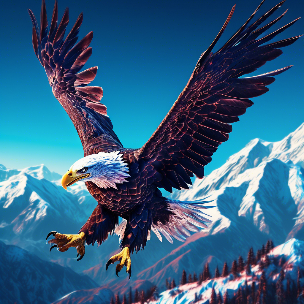 "Majestic Bald Eagle in Flight" A close-up of a bald eagle soaring over a mountain range, with its wings fully extended and feathers sharply detailed. The background features a clear blue sky and snowy peaks. Rendered in 8K with high contrast and dramatic lighting.