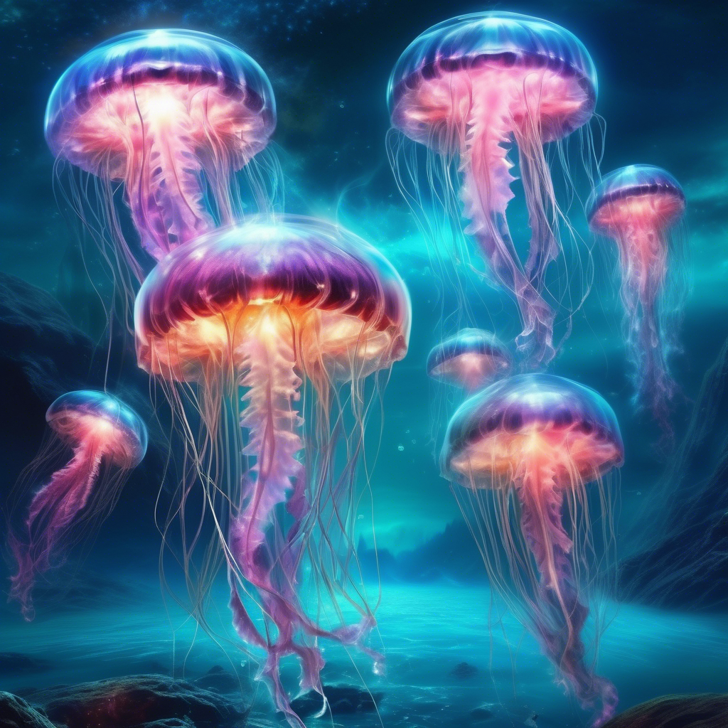 Radioactive jellyfish in a sea of liquid methane, extraterrestrial life forms, gorgeous photorealism, Mesmerizing artwork