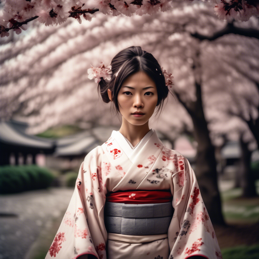 A girl in a traditional Japanese kimono standing under cherry blossom trees, petals falling gently around her, captured in 8K HDR with a telephoto lens.