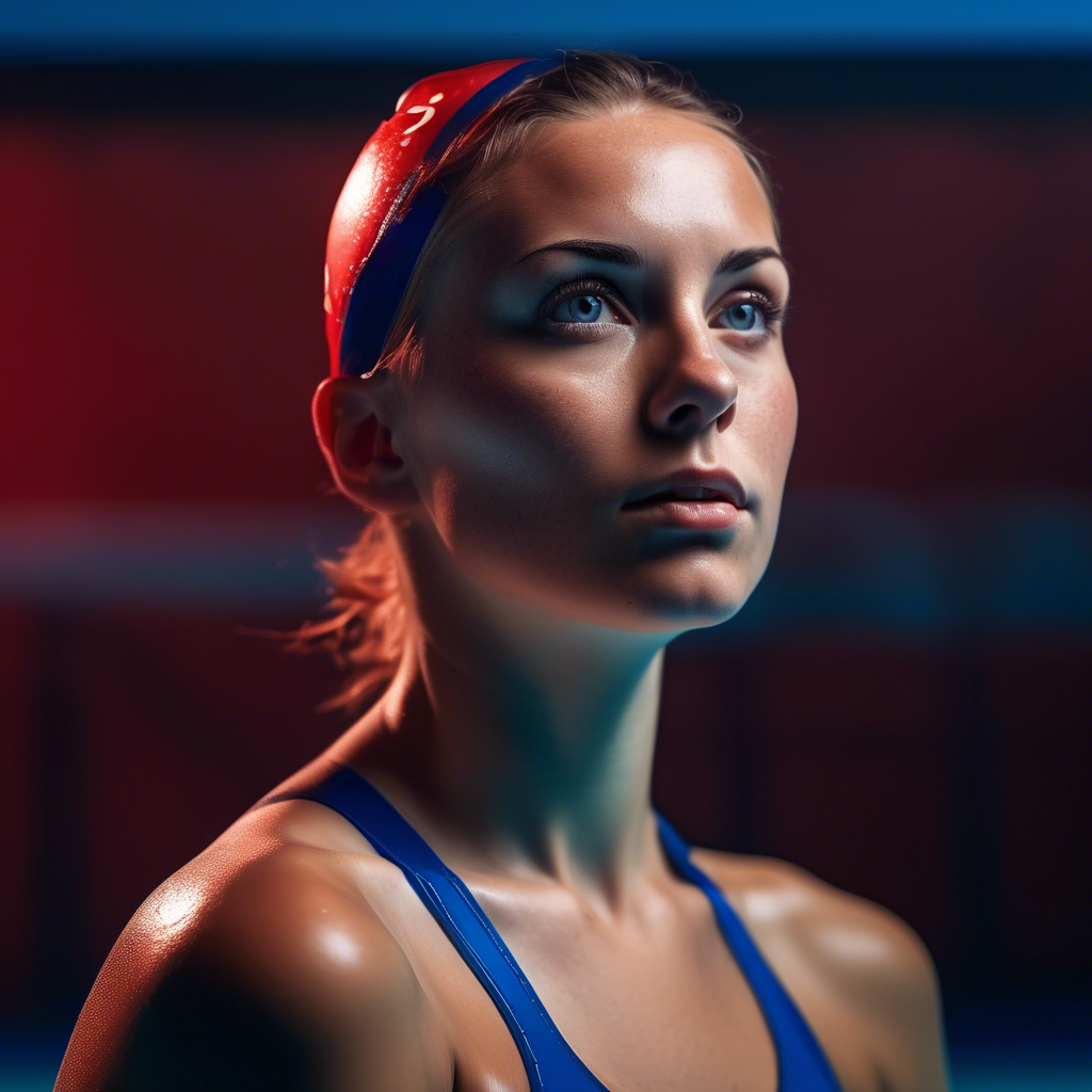 fully body centered portrait photo of a female swimmer make up, blue on red, side profile, looking away, serious eyes, 50mm portrait photography, hard rim lighting photography--beta the photo must be real