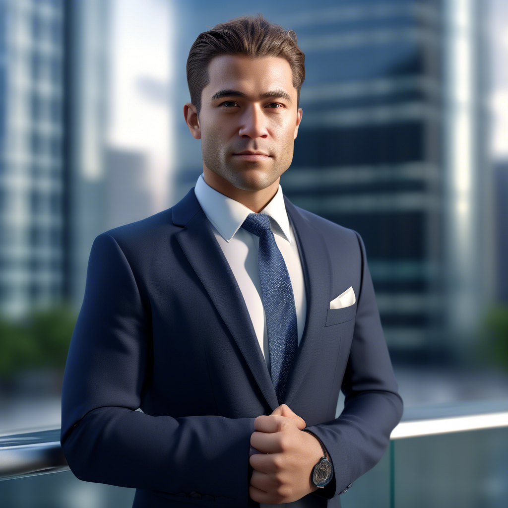A professional portrait of a confident man in a tailored navy suit with a crisp white shirt and subtle tie, standing in front of a glass skyscraper. The background is blurred, and the lighting is soft and natural. Captured in 8K with a 50mm lens, shallow depth of field, and HDR detail.