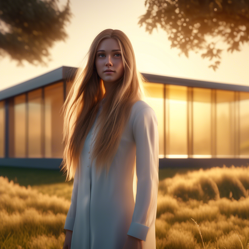 A beautiful girl with long flowing hair, standing in a meadow during golden hour, the sunlight softly illuminating her face, captured with a 4K ultra-wide lens, shallow depth of field, and cinematic color grading. A modern glass house with sleek architecture, sitting atop a misty hill during early morning, captured in 4K with dramatic lighting and a wide-angle lens. A cat and dog lying side by side on a green lawn, with colorful flowers in the background, captured in 8K using a macro lens for detailed fur textures.