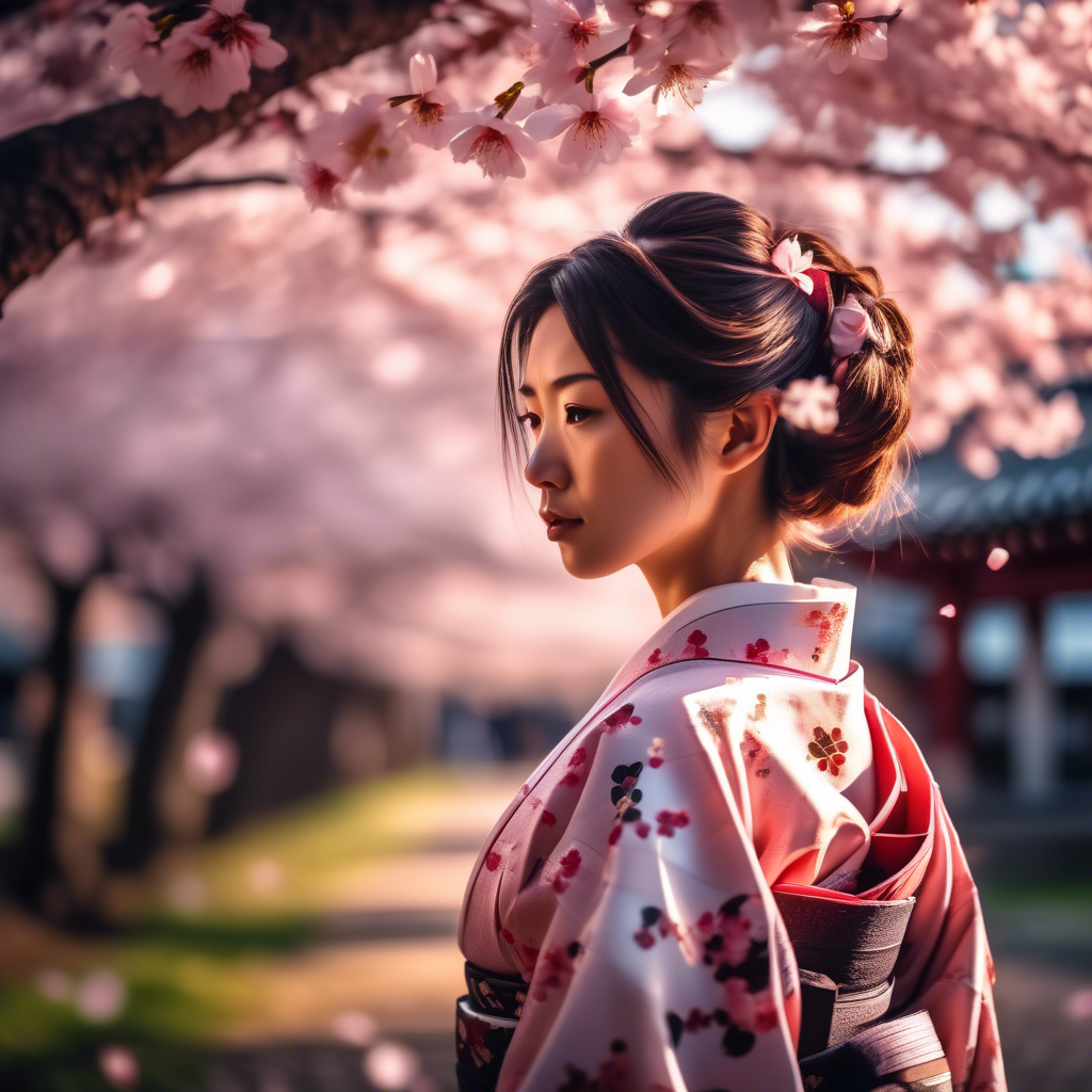 A girl in a traditional Japanese kimono standing under cherry blossom trees, petals falling gently around her, captured in 8K HDR with a telephoto lens.