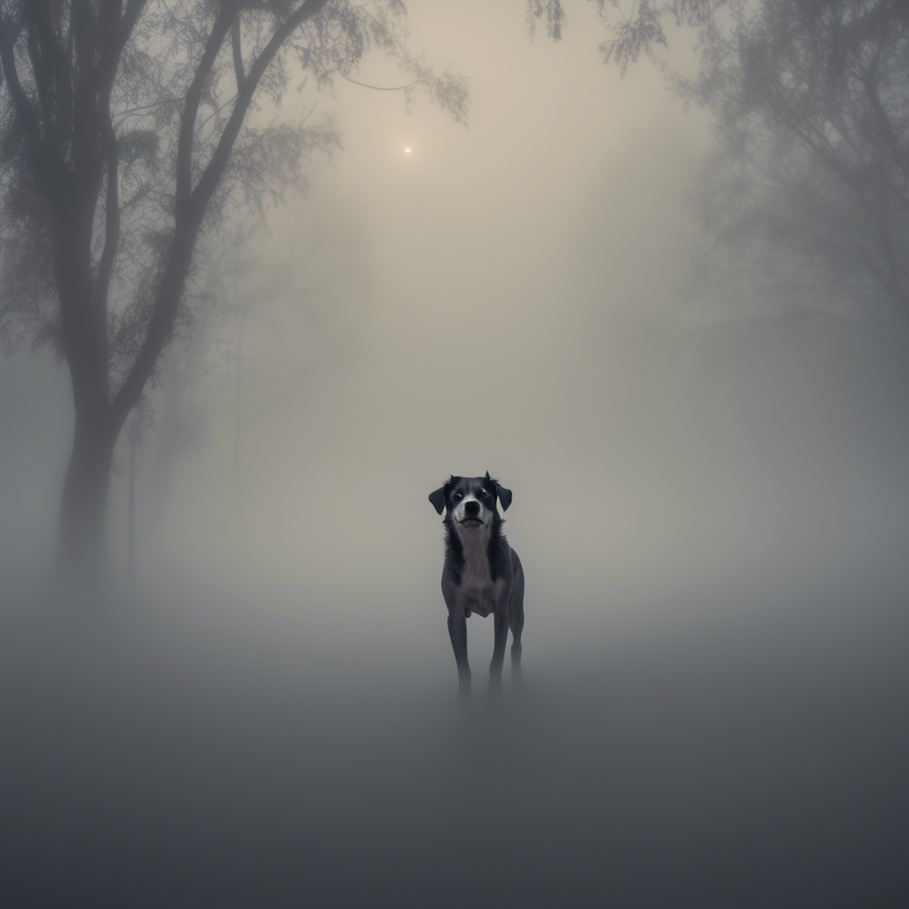 a dog in a fog, Sony Alpha α7, ISO1900, volumetric lighting,