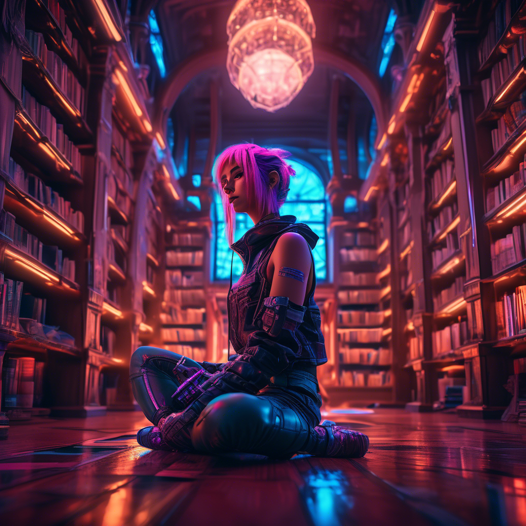 A curious girl sitting cross-legged on the floor of a grand library, surrounded by books. The scene is detailed with shelves that stretch into the distance. Captured in 8K with warm, ambient lighting.