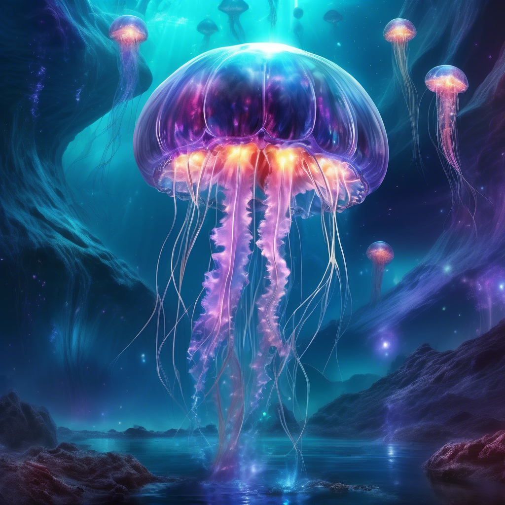 Radioactive jellyfish in a sea of liquid methane, extraterrestrial life forms, gorgeous photorealism, Mesmerizing artwork