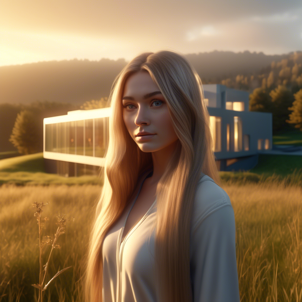 A beautiful girl with long flowing hair, standing in a meadow during golden hour, the sunlight softly illuminating her face, captured with a 4K ultra-wide lens, shallow depth of field, and cinematic color grading. A modern glass house with sleek architecture, sitting atop a misty hill during early morning, captured in 4K with dramatic lighting and a wide-angle lens. A cat and dog lying side by side on a green lawn, with colorful flowers in the background, captured in 8K using a macro lens for detailed fur textures.