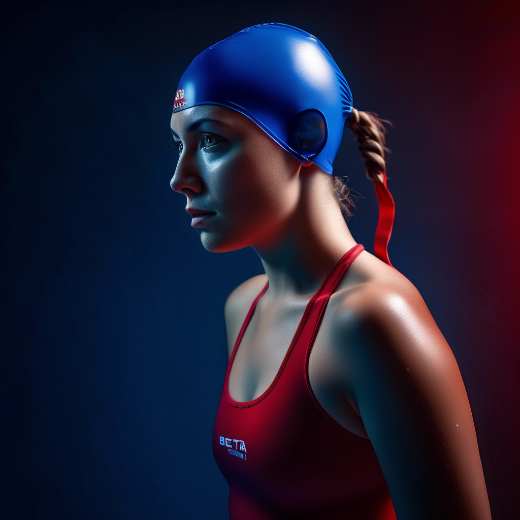 full figure portrait photo of a female swimmer make up, blue on red, side profile, looking away, serious eyes, 50mm portrait photography, hard rim lighting photography--beta the photo must be real