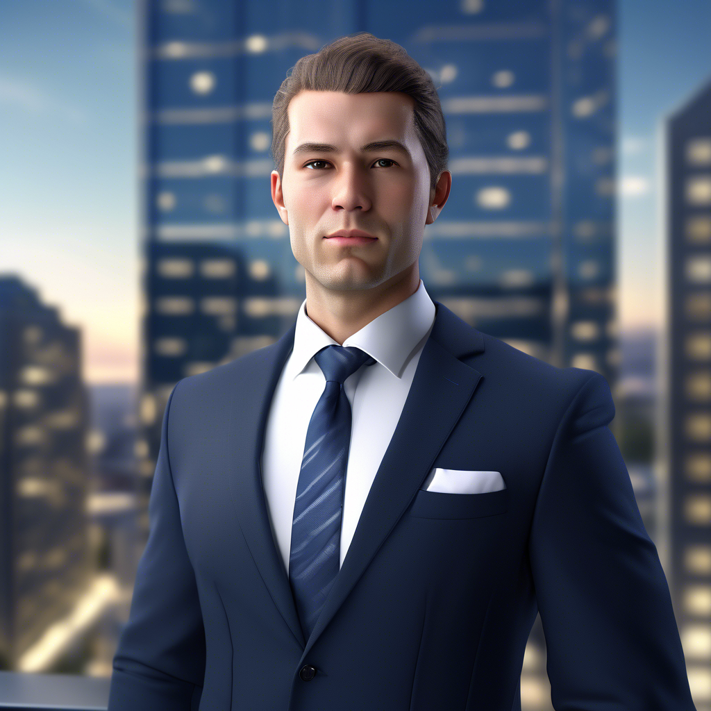 A professional portrait of a confident man in a tailored navy suit with a crisp white shirt and subtle tie, standing in front of a glass skyscraper. The background is blurred, and the lighting is soft and natural. Captured in 8K with a 50mm lens, shallow depth of field, and HDR detail.