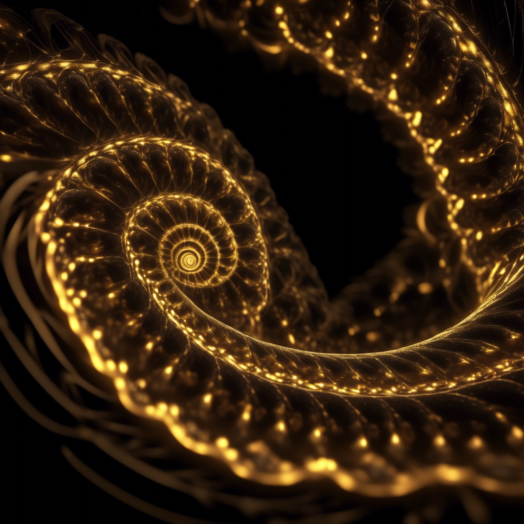 A glowing Fibonacci fractal pattern made of soft golden light, set against a deep black background for pure contrast.