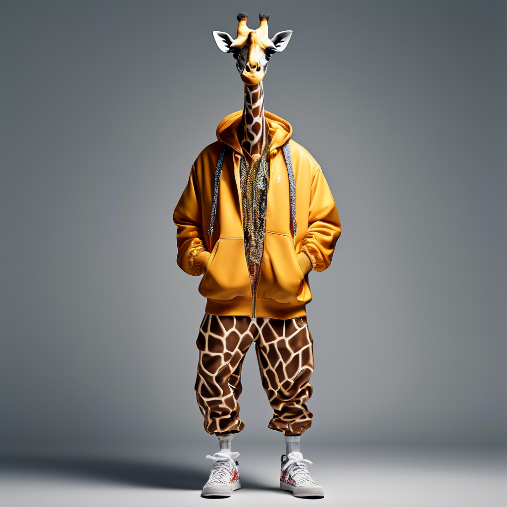 Fashion photography of a anthropomorphic giraffe dressed in large hiphop clothes from 1980s , wearing sneakers , Sony Alpha α7, ISO1900, volumetric lighting,