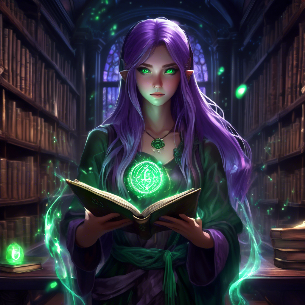 "Mystical Anime Girl with a Spellbook" An anime girl with glowing green eyes and long purple hair, holding an ancient spellbook with magical runes floating around her. The background is a dark, mystical library. Rendered in 8K with soft, glowing lighting.