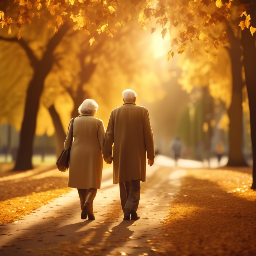 "Senior Couple Walking in a Park" An elderly couple holding hands, walking down a tree-lined path with autumn leaves covering the ground. The scene is serene, with soft golden-hour lighting in 8K resolution.
