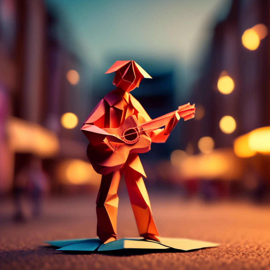 A young guitarist performing on a bustling urban street at sunset. The background features blurred pedestrians and glowing shop lights. Captured in 8K with a cinematic lens, vibrant color tones, and dynamic lighting.