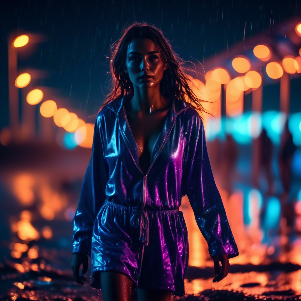 A confident girl in a night wear walking on a beach at night, neon lights reflecting off the wet sand, captured in 4K with a 50mm lens and dramatic lighting.