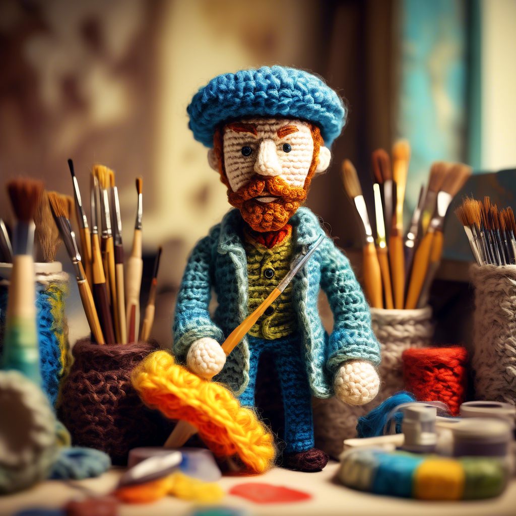 crochet doll of Vincent VanGogh HOLDING PAINTBRUSH in art studio