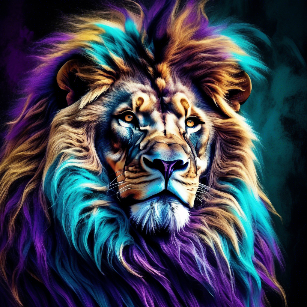 majestic lion with a flowing mane, painted in vibrant abstract colors of teal, purple, and gold, against a dark, textured background, captured in 8K with high-contrast lighting and dramatic shadows.