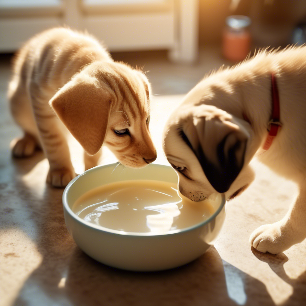 A playful tabby cat and a Labrador puppy sharing a bowl of milk in a sunny kitchen, captured in 4K with natural lighting and a slightly overhead angle.