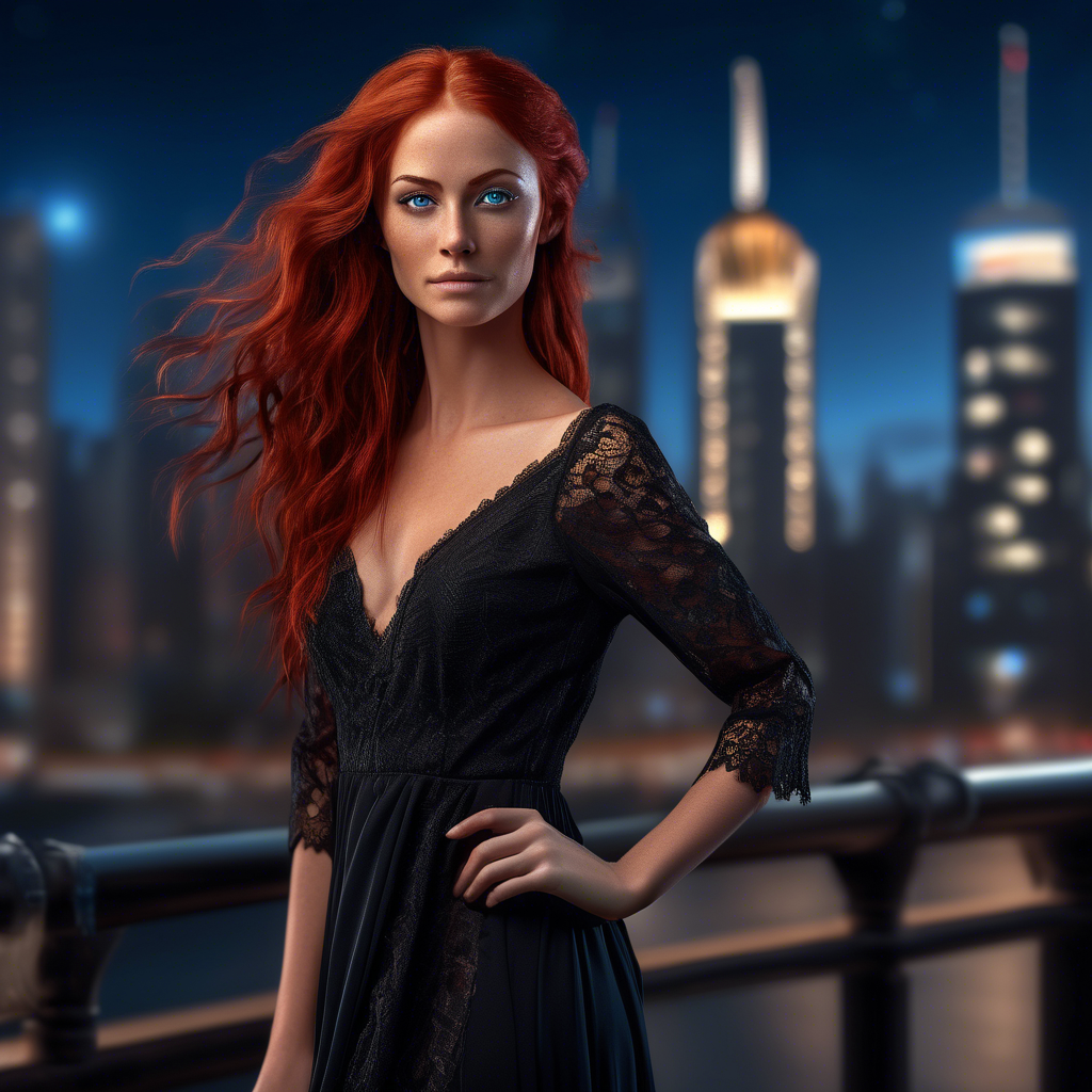 A striking portrait of a woman of Brazilian culture with long, flowing red hair and piercing blue eyes, wearing a sleek black gown with intricate lace details. She stands against a blurred background of sparkling city lights at dusk. Captured in 8K resolution with a 50mm lens, soft bokeh, and warm, soft lighting highlighting her face and hair. The mood is sophisticated and intimate.