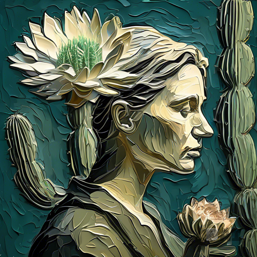 Fusion between Grisaille and Thick impasto, Stunning Portrait art in the style of van gogh model looking at a cactus flower bloom