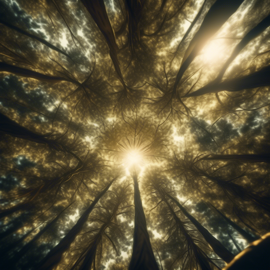 A fractal-based forest canopy with golden ratio branches extending symmetrically, glowing with soft sunlight streaming through.