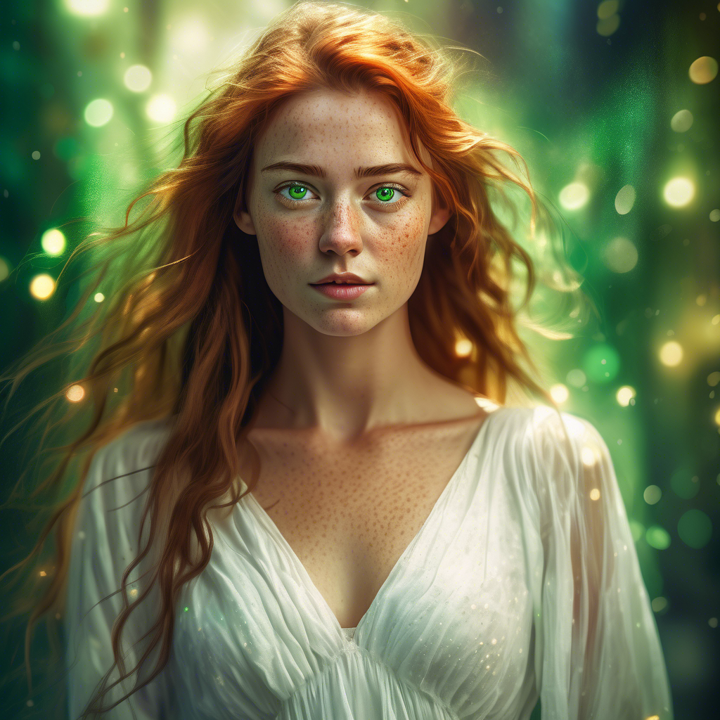A young woman with freckles and vibrant green eyes, wearing a flowing white dress, captured in a close-up portrait shot, with 8K resolution, soft lighting, and a bokeh background.