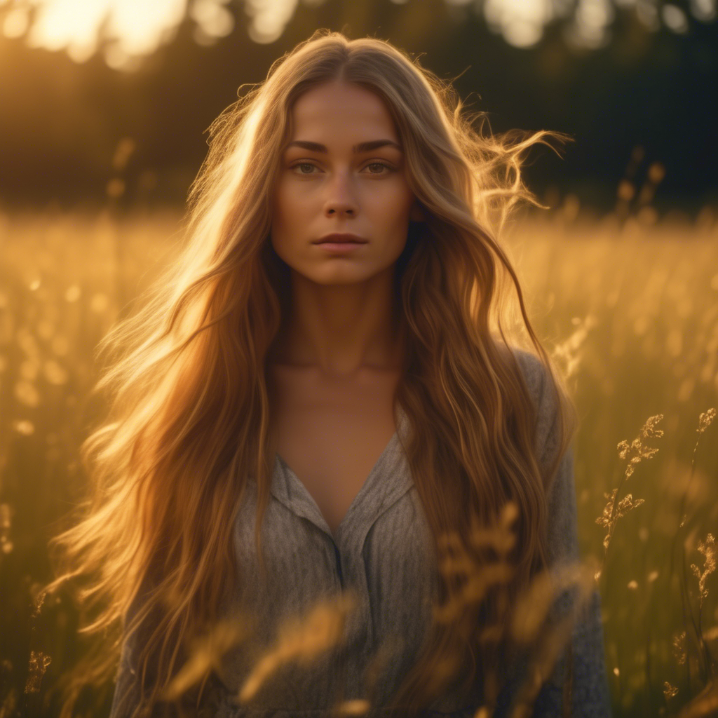A beautiful girl with long flowing hair, standing in a meadow during golden hour, the sunlight softly illuminating her face, captured with a 4K ultra-wide lens, shallow depth of field, and cinematic color grading.
