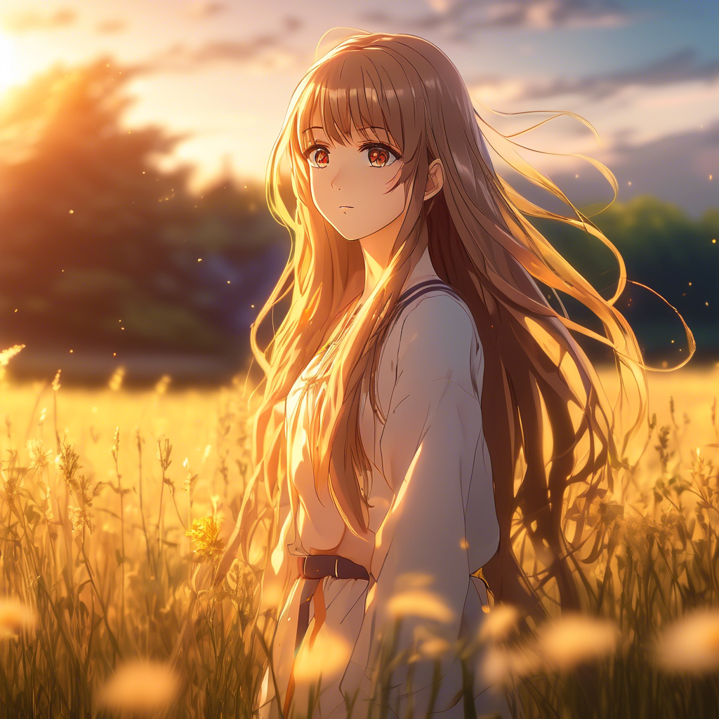 A beautiful girl with long flowing hair, standing in a meadow during golden hour, the sunlight softly illuminating her face, captured with a 4K ultra-wide lens, shallow depth of field, and cinematic color grading.