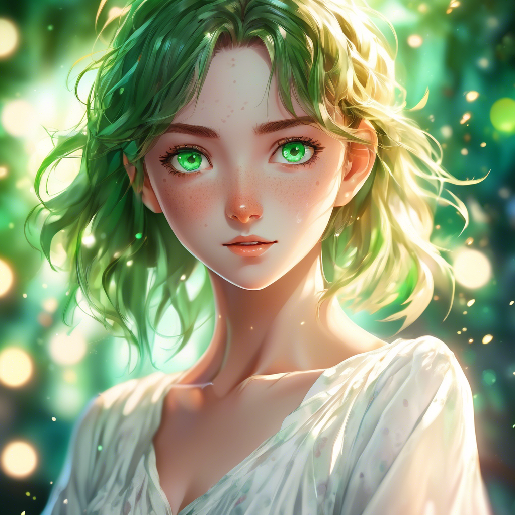 A young woman with freckles and vibrant green eyes, wearing a flowing white dress, captured in a close-up portrait shot, with 8K resolution, soft lighting, and a bokeh background.
