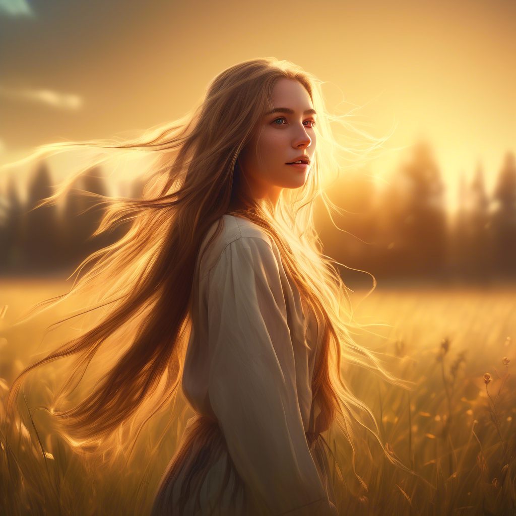 A beautiful girl with long flowing hair, standing in a meadow during golden hour, the sunlight softly illuminating her face, captured with a 4K ultra-wide lens, shallow depth of field, and cinematic color grading.