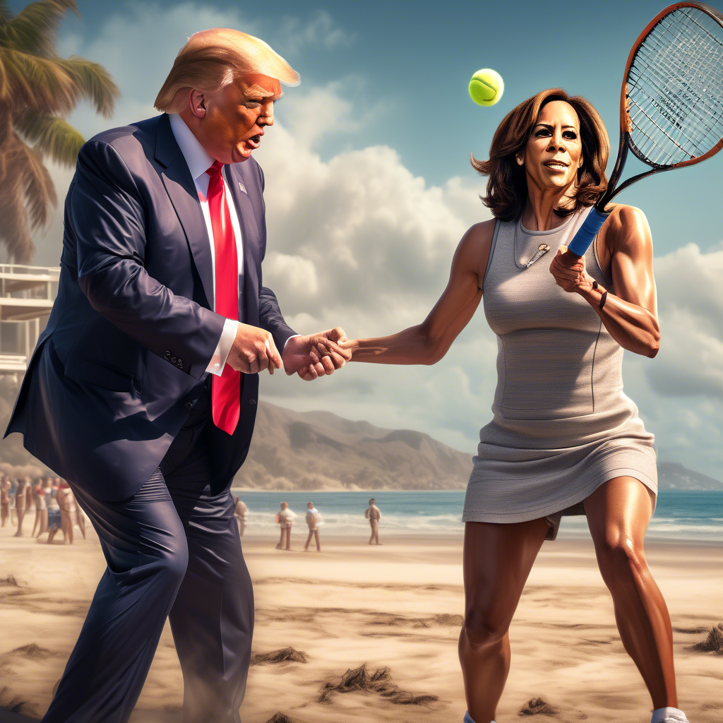 donald trump and kamala harris playing tennis on a beach highly detailed, cinematic lighting, stunningly beautiful, intricate, sharp focus, f/1. 8, 85mm, (centered image composition), (professionally color graded), ((bright soft diffused light)), HDR 4K, 8K